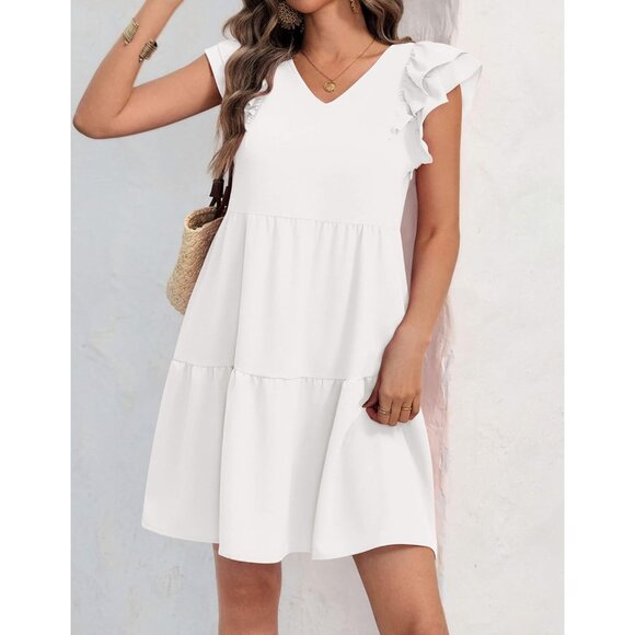 Summer Babydoll Dress Women 100% Polyester V-Neck Ruffle Cap Sleeve Mini - Picture 3 of 4